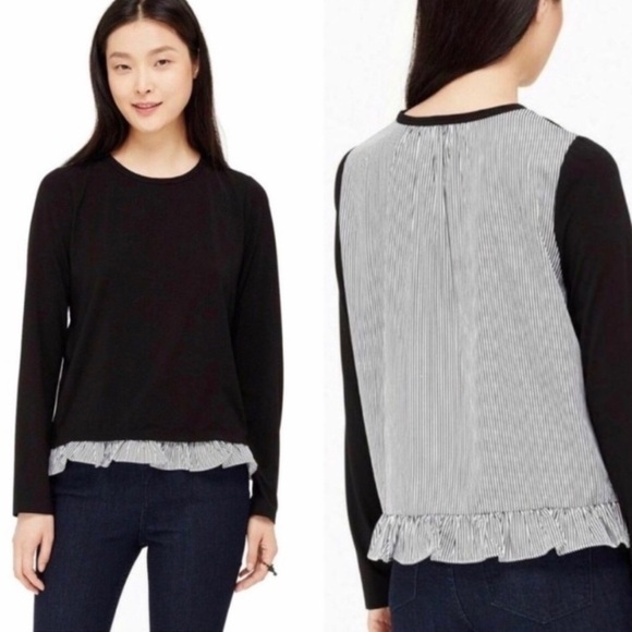 Kate Spade Broome Street fine knit front striped cotton back ruffle trim top EUC - Picture 1 of 7